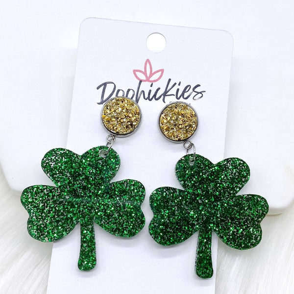 2" Gold & Green Glitter Shamrock Acrylic Dangle - Earrings