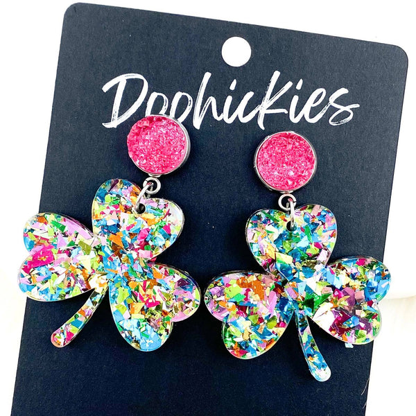 2" Hot Pink & Teal Party Glitter Shamrock Dangles -St. Paddy