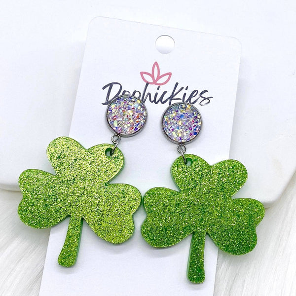 2" Crystal & Shamrock Green Glitter Shamrock Acrylic Dangle