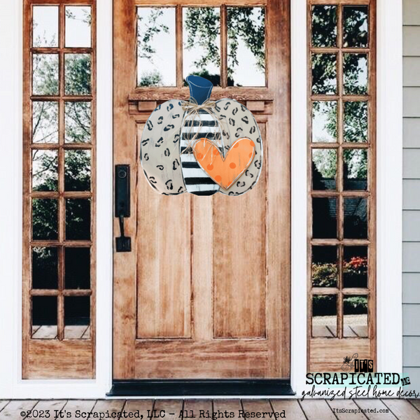 Fall Door Hanger Bubbly Pumpkin with Heart - Leopard Pumpkin with Dotted Heart