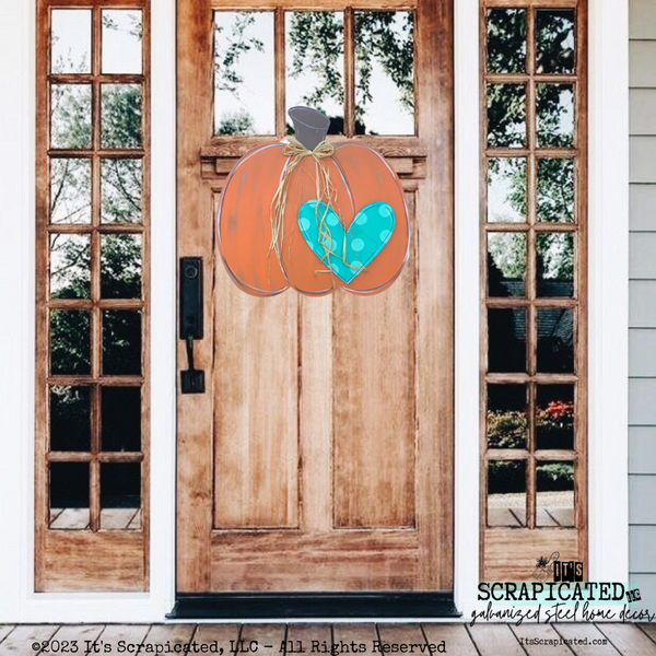 Fall Door Hanger Bubbly Pumpkin with Heart - Orange & Teal 