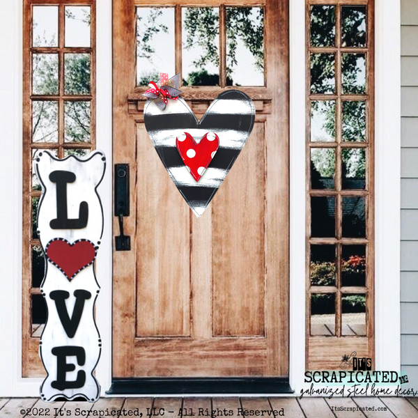 Valentine's Day Door Hanger Layered Heart - Black Stripes & Red 